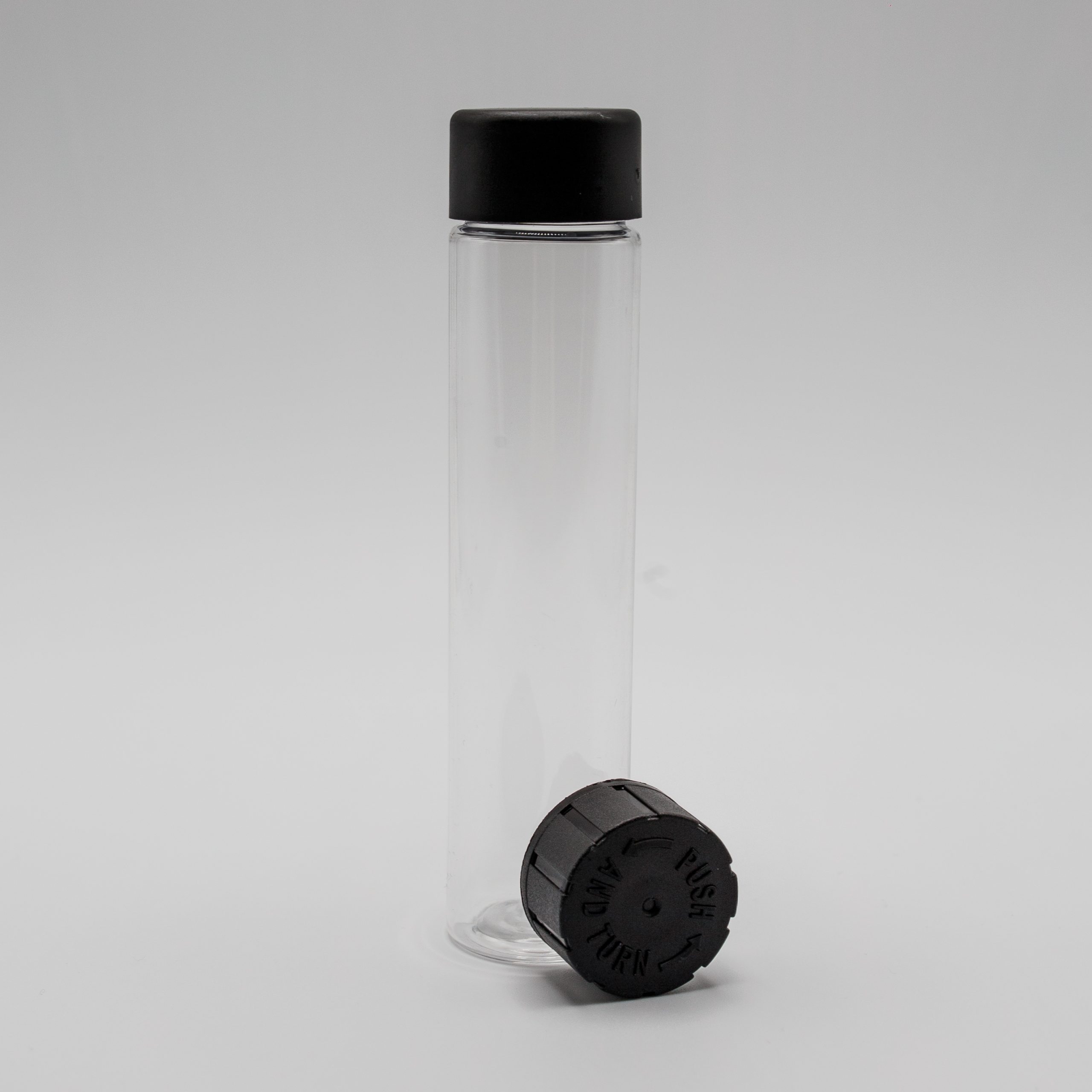 97mm clear plastic straight sided tube with black plastic lids